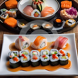 A sushi platter arranged in an artistic pattern1