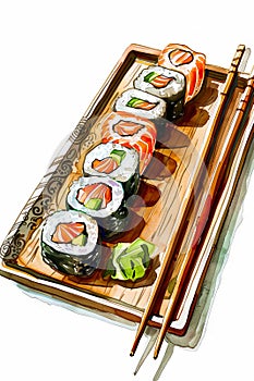 A sushi platter with chopsticks on it