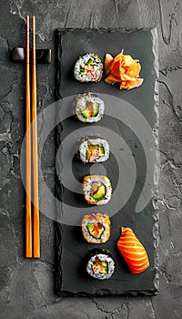 A sushi platter with chopsticks and sushi on a slate board