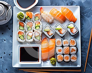 Sushi platter with different types of sushi rolls and sashimi on a white plate, in a top view