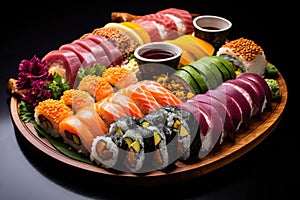 a sushi platter with few uneaten rolls