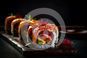 Sushi Platter with Fresh Seafood Creations served with wasabi and soy sauce. Japanese cuisine. AI generated.