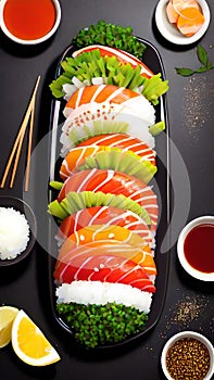 Sushi platter with soy sauce, ginger and wasabi on a black background