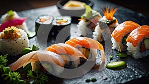 A sushi platter with a variety of textures and flavors