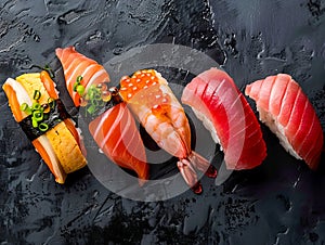 A sushi platter with various types of fish