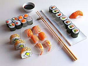 A sushi platter with various types of sushi and chopsticks