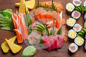 Sushi platter on a wooden board