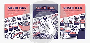 Sushi posters, flyers backgrounds set. Japanese food restaurant, vertical promo banner designs. Japan susi rolls, Asian