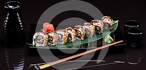 Sushi roll, asian food, sushi black background, sushi with avacado