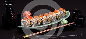 Sushi roll, asian food, sushi black background, sushi with avacado