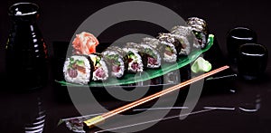 Sushi roll, asian food, sushi black background, sushi with avacado