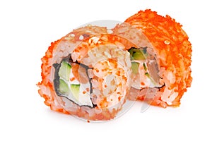 Sushi roll California with crab meat, avocado, cucumber inside and masago smelt roe outside isolated on white background.