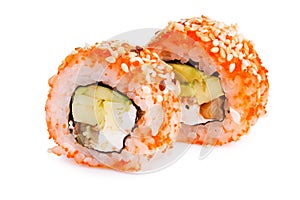 Sushi roll California with crab meat, avocado, cucumber inside and masago smelt roe outside isolated on white background.