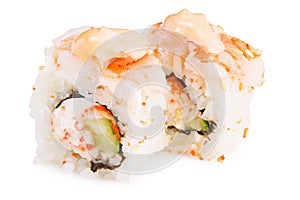 Sushi roll California with crab meat, avocado, cucumber isolated on white background. Japanese food