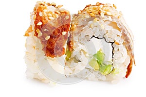 Sushi roll California with cream cheese, avocado and smoked eel on white background. Japanese food