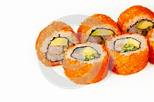 Sushi roll California roll on a white background, ingredients Shrimp, cucumber, avocado, flying fish roe, rice, nori