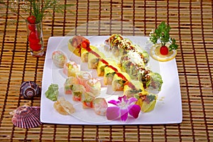 Sushi roll combo with salmon tuna, and soy bean paper