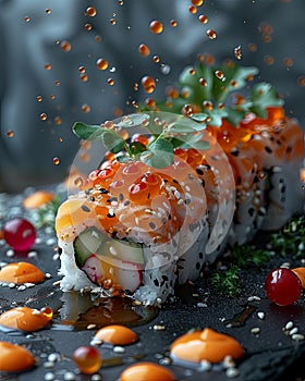 a sushi roll covered with vegetables and garnish, in the style of dark white and dark orange, aerial photography