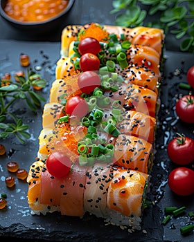 a sushi roll covered with vegetables and garnish, in the style of dark white and dark orange, aerial photography