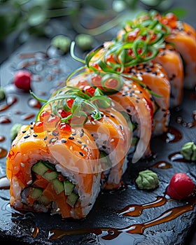 a sushi roll covered with vegetables and garnish, in the style of dark white and dark orange, aerial photography