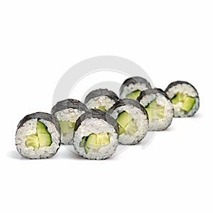 sushi roll with cucumber on white background.