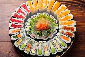 a sushi roll cut into pieces displayed in a circular pattern