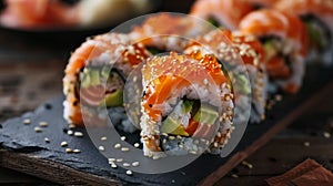 Sushi roll with fresh salmon, creamy avocado, and crunchy sesame seeds