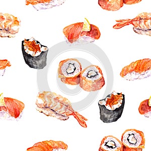 Sushi, roll, gunkan seamless sea food pattern. Watercolor