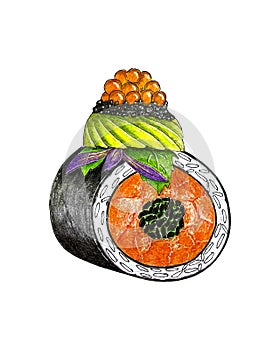 Sushi roll, hand pencil drawing, fish caviar, salmon, rice, sushimi, mint leaf and basil, tracing, sketch art, single