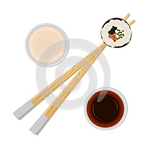 Sushi roll holded by chopsticks