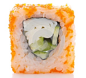 Sushi roll in ikura ( tobiko ) with crab and cucumber isolated