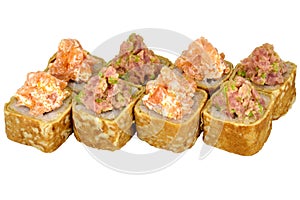 Sushi roll japanese food isolated on white background California sushi roll in omelet with tuna and salmon close-up