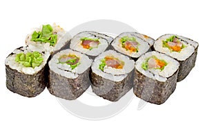 Sushi roll japanese food isolated on white background maki sushi roll with tuna salad and caviar close up