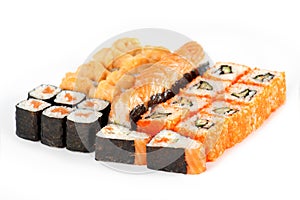 Sushi Roll - Maki Sushi pieces collection with Salmon Roe, Smoked Eel, Cream Cheese, Avocado, Tobiko isolated on white background