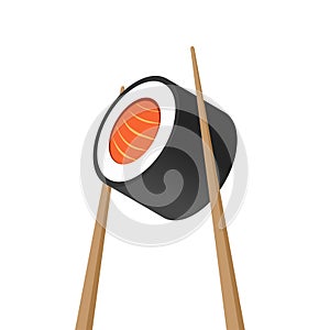 Sushi roll maki with salmon and chopstick vector isolated on white background, fresh tasty asian or japanese meal icon
