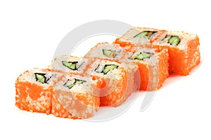 Sushi Roll - Maki Sushi with Cucumber, Salmon Roe and Cream Cheese inside, isolated on white background