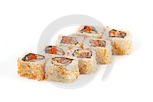 Sushi Roll - Maki Sushi with Salmon Roe, Smoked Eel, Cucumber, Chips Tuna and Sesame isolated on white background