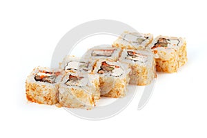 Sushi Roll - Maki Sushi with Salmon Roe, Smoked Eel, Cucumber, Cream Cheese in Chips Tuna isolated on white background