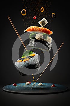 Sushi roll pieces flying in air, Japanese food on black background, generative AI