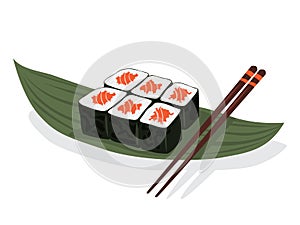 Sushi roll on the plate with chopstick. Fresh japan or chinese food
