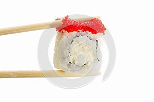 Sushi roll with red caviar isolated on white background