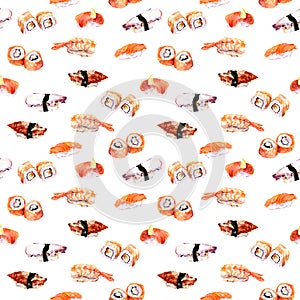 Sushi, roll repeated pattern. Watercolor sea food