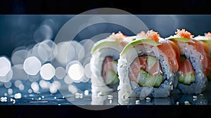 A sushi roll with salmon and cucumber