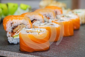 Sushi roll with salmon and shrimp