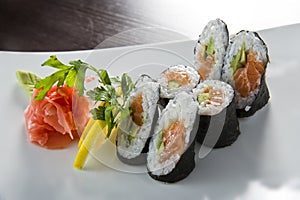 Sushi roll with salmon and shrimp tempura