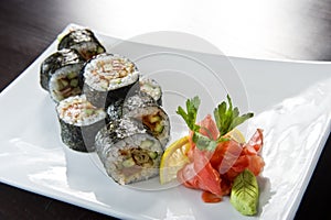 Sushi roll with salmon and shrimp tempura