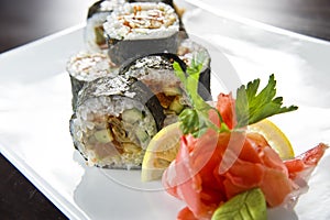 Sushi roll with salmon and shrimp tempura