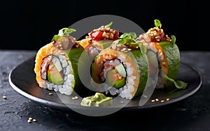 Sushi roll with salmon, smoked eel, avocado, cream cheese on a black background. Sushi menu. Japanese food.