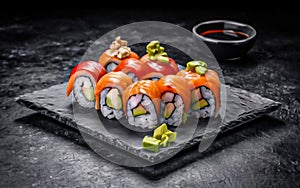 Sushi roll with salmon, smoked eel, avocado, cream cheese on a black background. Sushi menu. Japanese food.