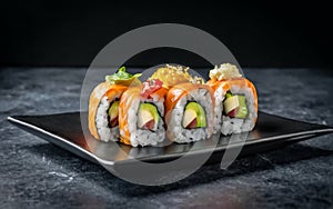 Sushi roll with salmon, smoked eel, avocado, cream cheese on a black background. Sushi menu. Japanese food.